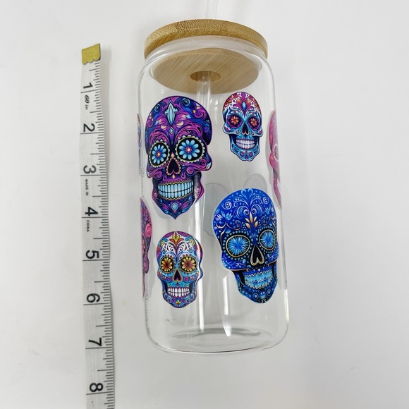 NEW! Sugar skull calavera glass cup with bamboo lid and glass straw 16 oz - Picture 7 of 7